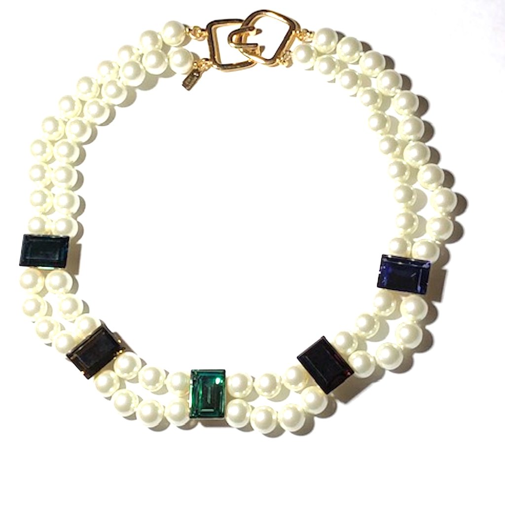 Kenneth Jay Lane , 2 Row Pearl Necklace With Pastel Or Jewel Tone Crystals
